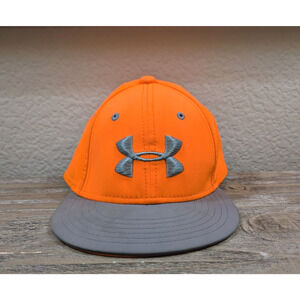 Under Armour Youth S/M Hat Orange Gray Logo Stretch Fit Cap Boys Girls EUC